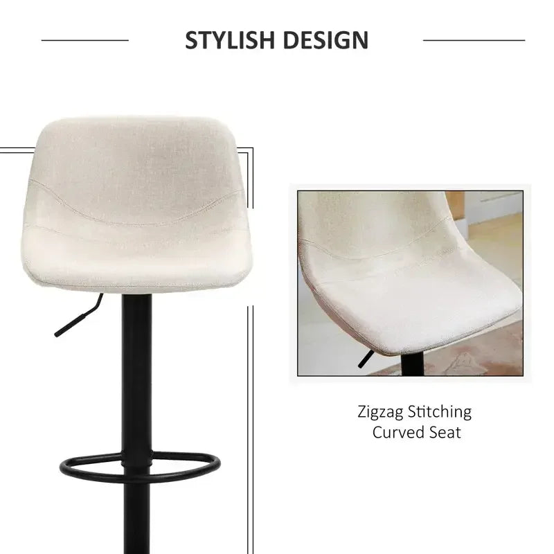 White Adjustable Bar Stool with Zigzag Stitching and Curved Seat Design by DYPODTEN, Swivel Height Adjustable for Kitchen or Home Bar Comfort