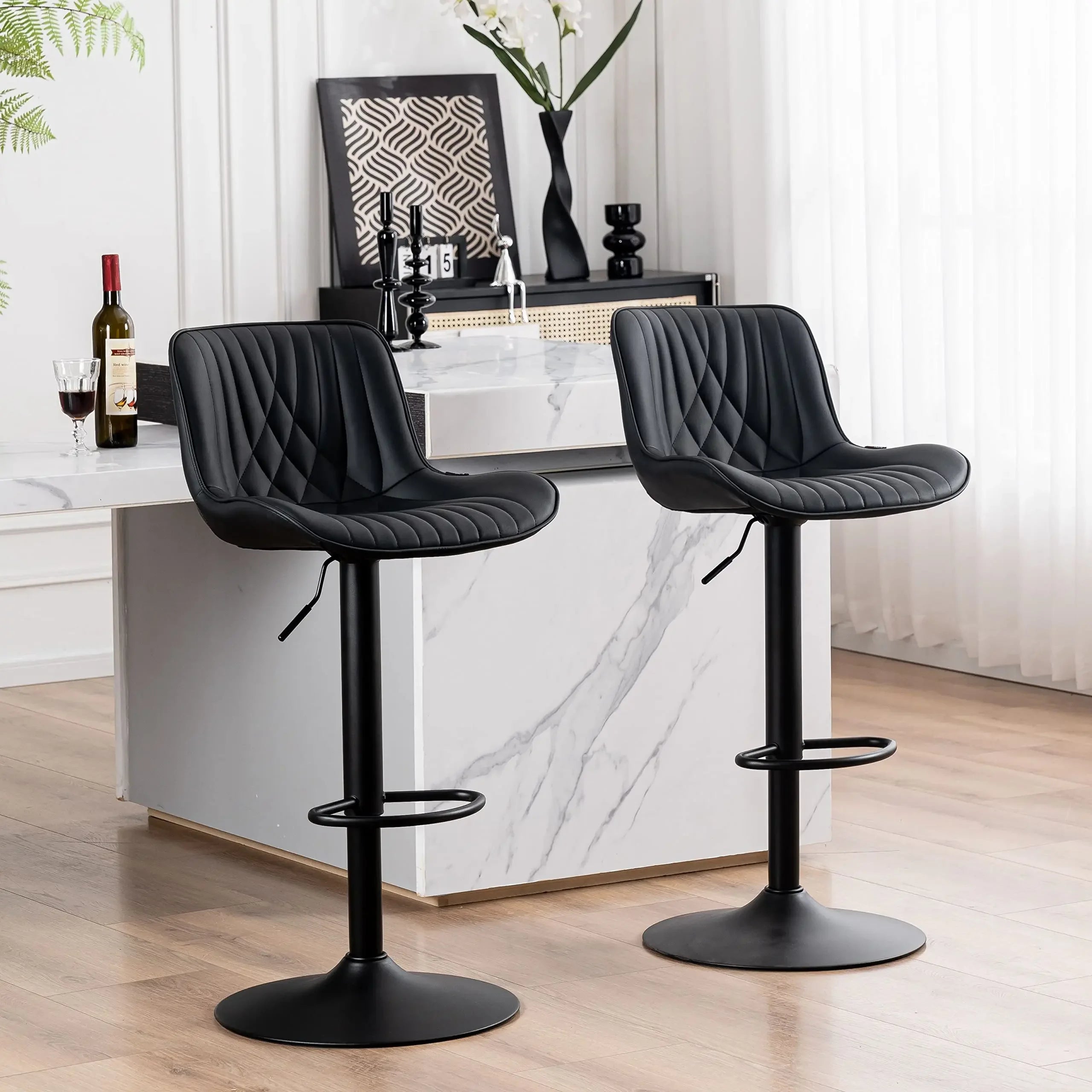 Bar Stools Set of 2 by DYPODTEN, Adjustable Black Leather Swivel Chairs with Footrest for Kitchen Island or Bar Counter Seating