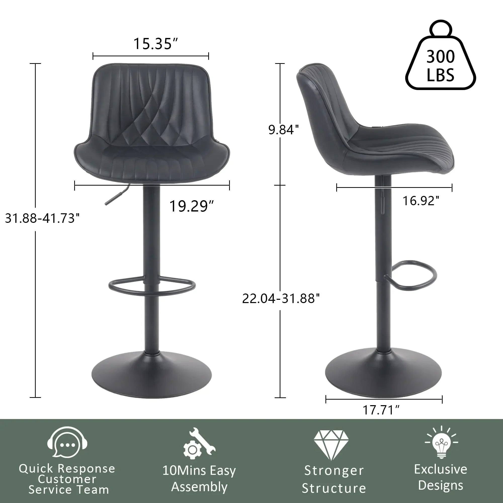 DYPODTEN Bar Stools Set of 2 size diagram showing full height 41.73 inches, seat width 19.29 inches, and backrest height 9.84 inches for modern kitchen or dining use