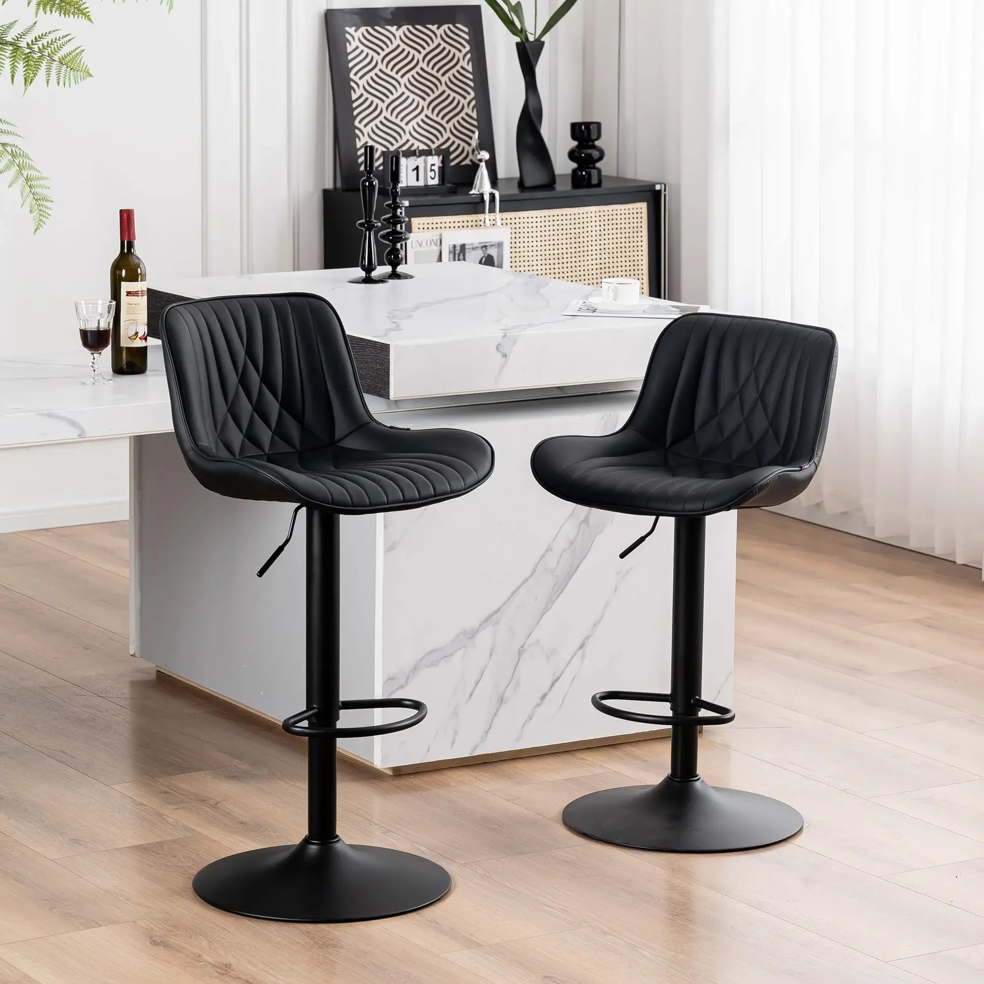 Adjustable Bar Stools Set of 2, Black Leather, 360-Degree Swivel for Kitchen and Dining Room by DYPODTEN