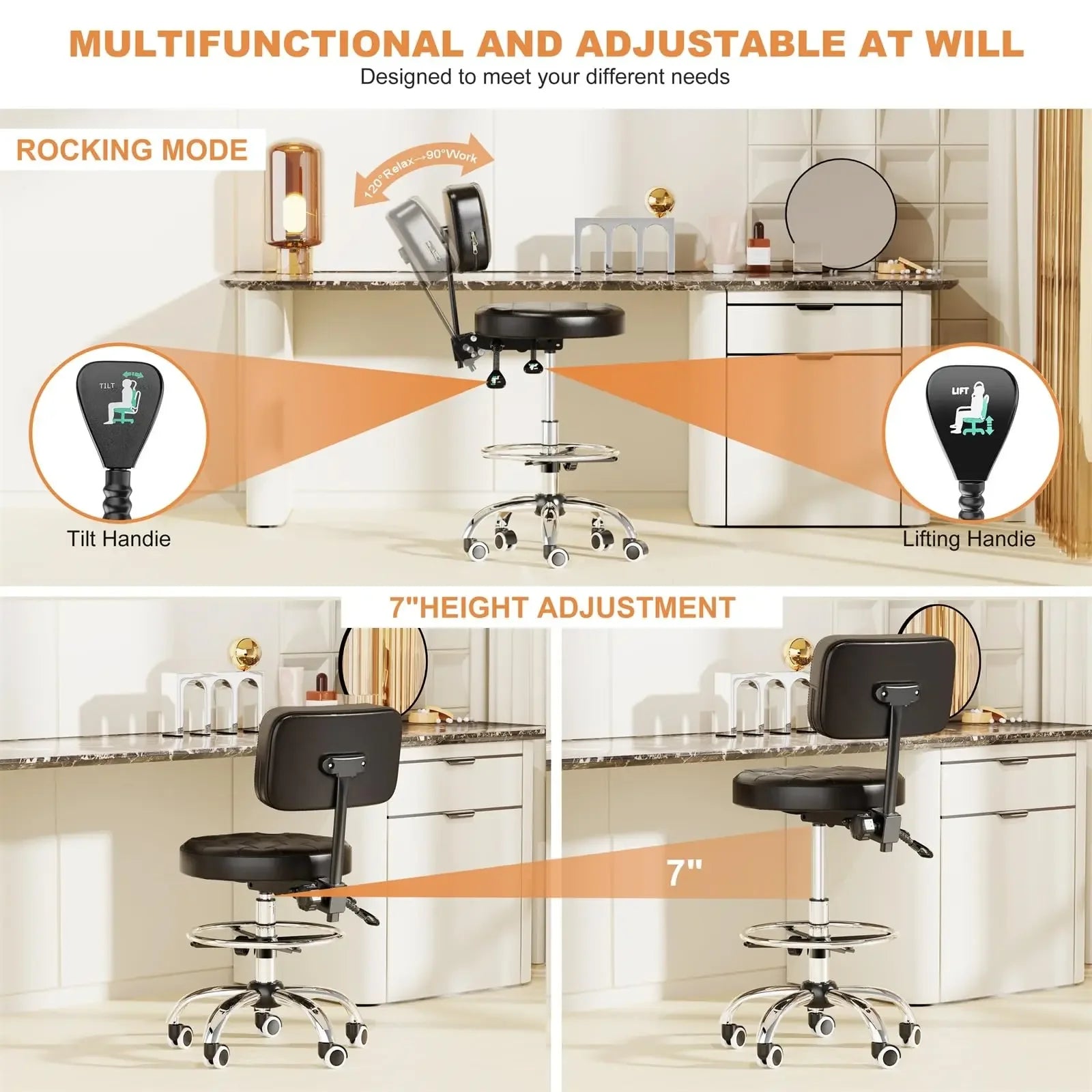 Rolling Stools with Wheels Foot Rest, Backrest Adjustable Height for Office | DYPODTEN