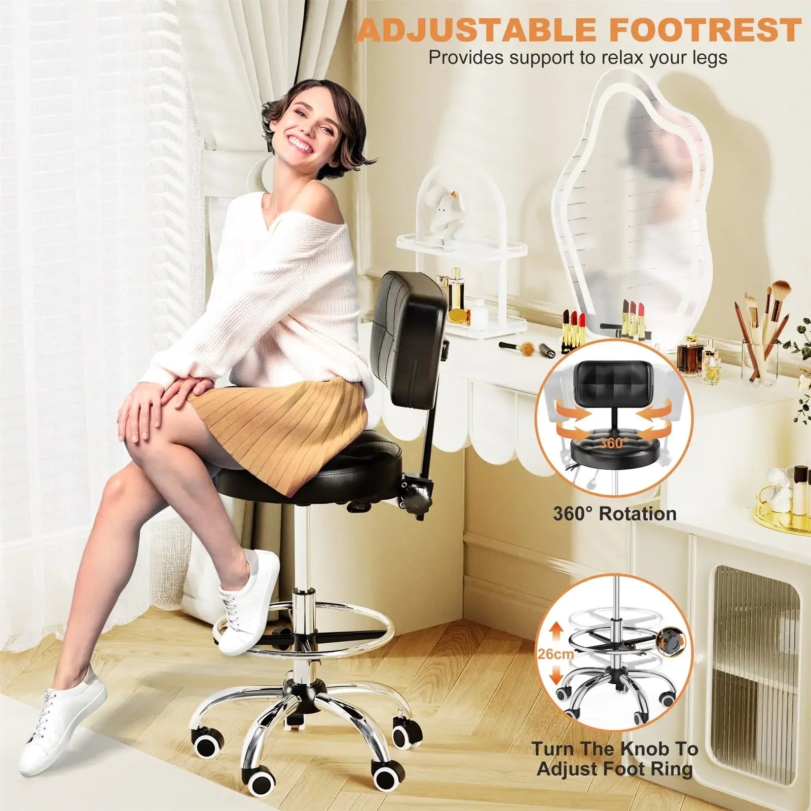 Rolling Stools with Wheels Foot Rest, Backrest Adjustable Height for Office | DYPODTEN