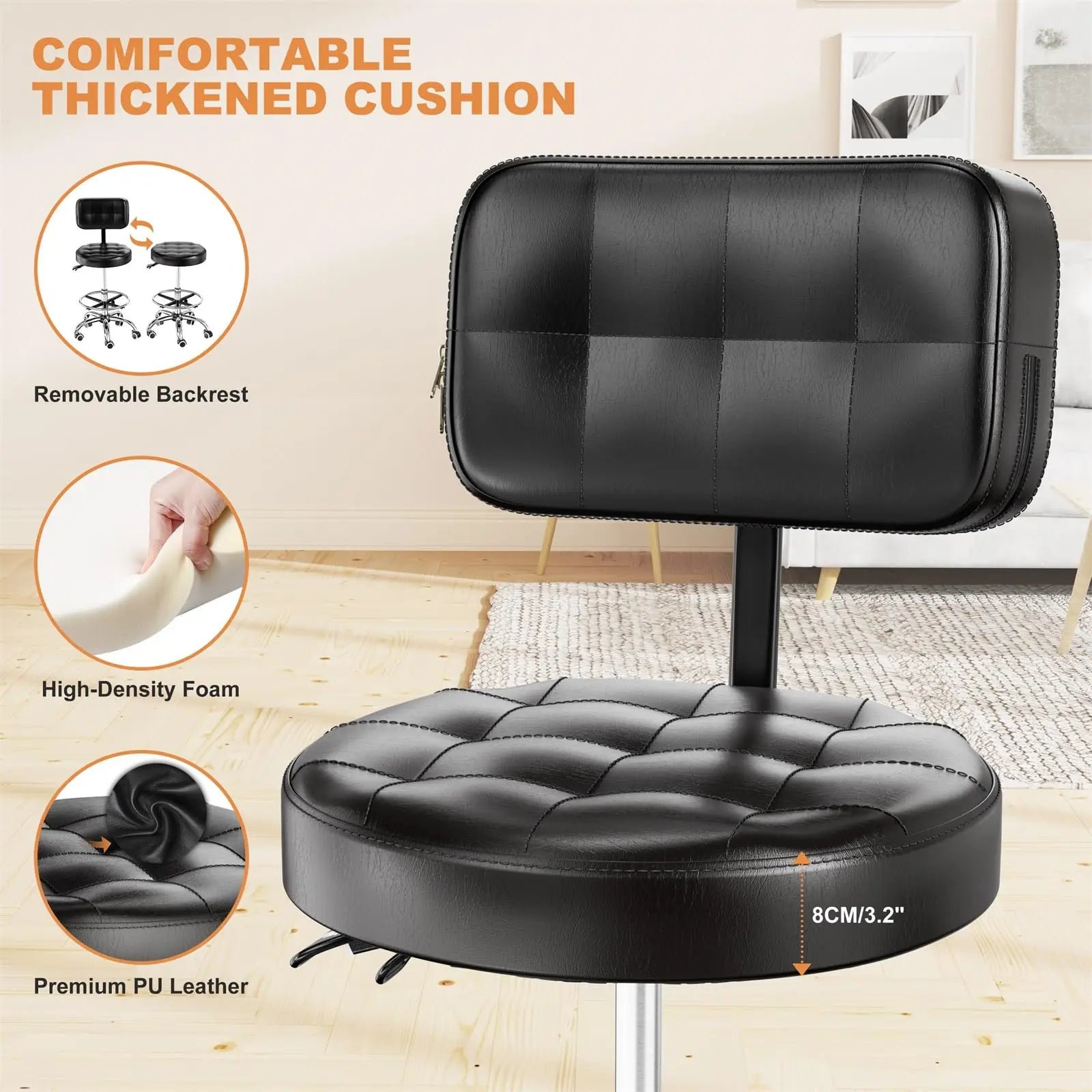 Rolling Stools with Wheels Foot Rest, Backrest Adjustable Height for Office | DYPODTEN