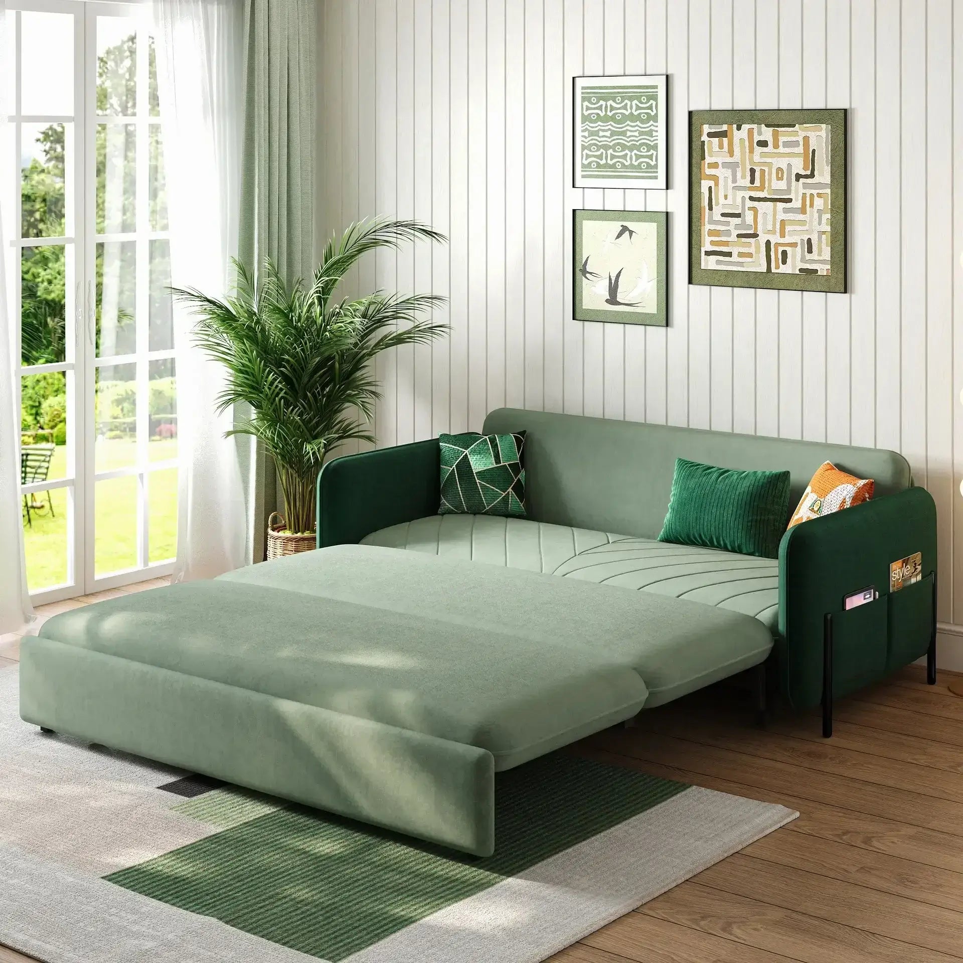 DYPODTEN velvet sleep sofa unfolded as bed with storage drawers and pillows