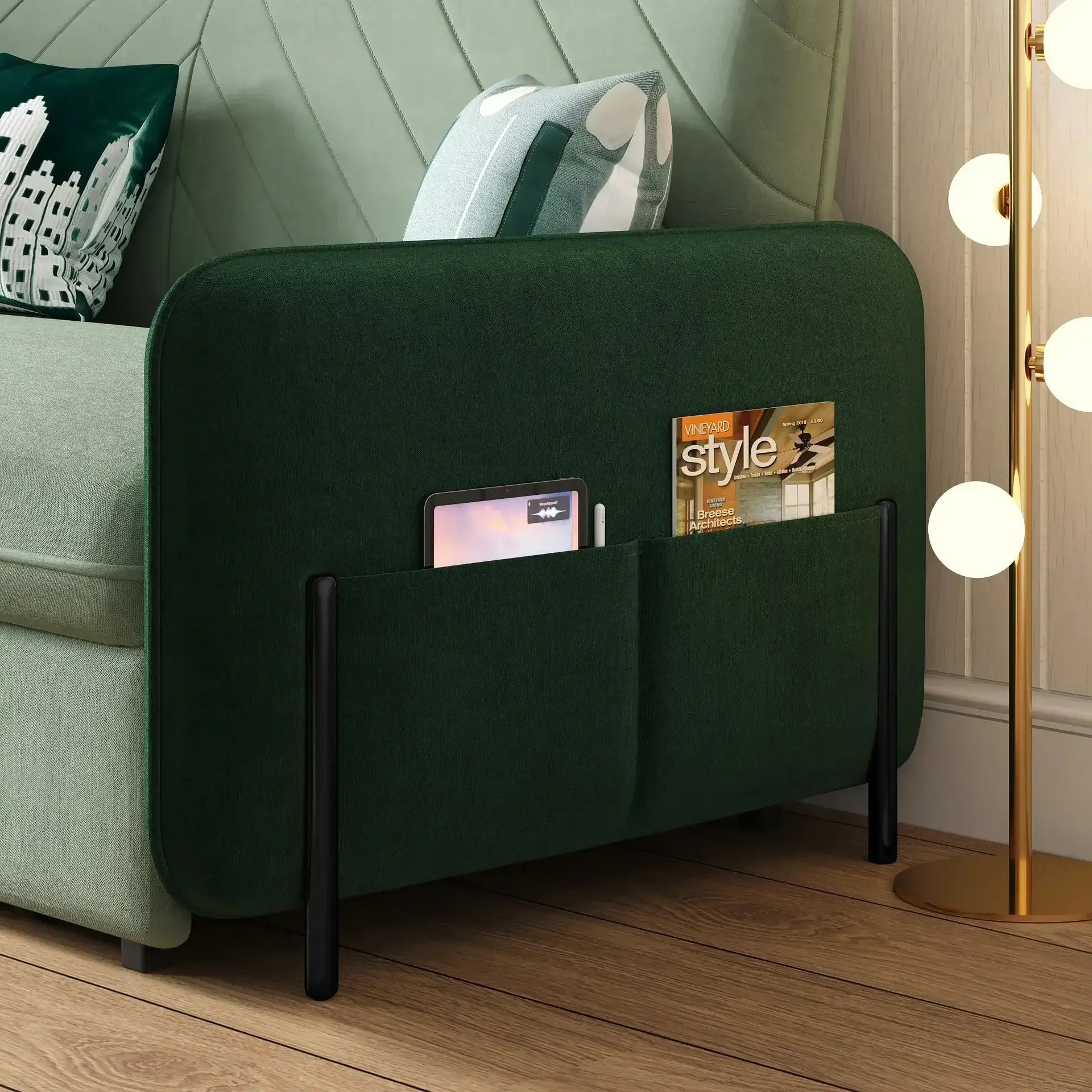 DYPODTEN sleep sofa with side storage pockets for tablet, magazines, and books