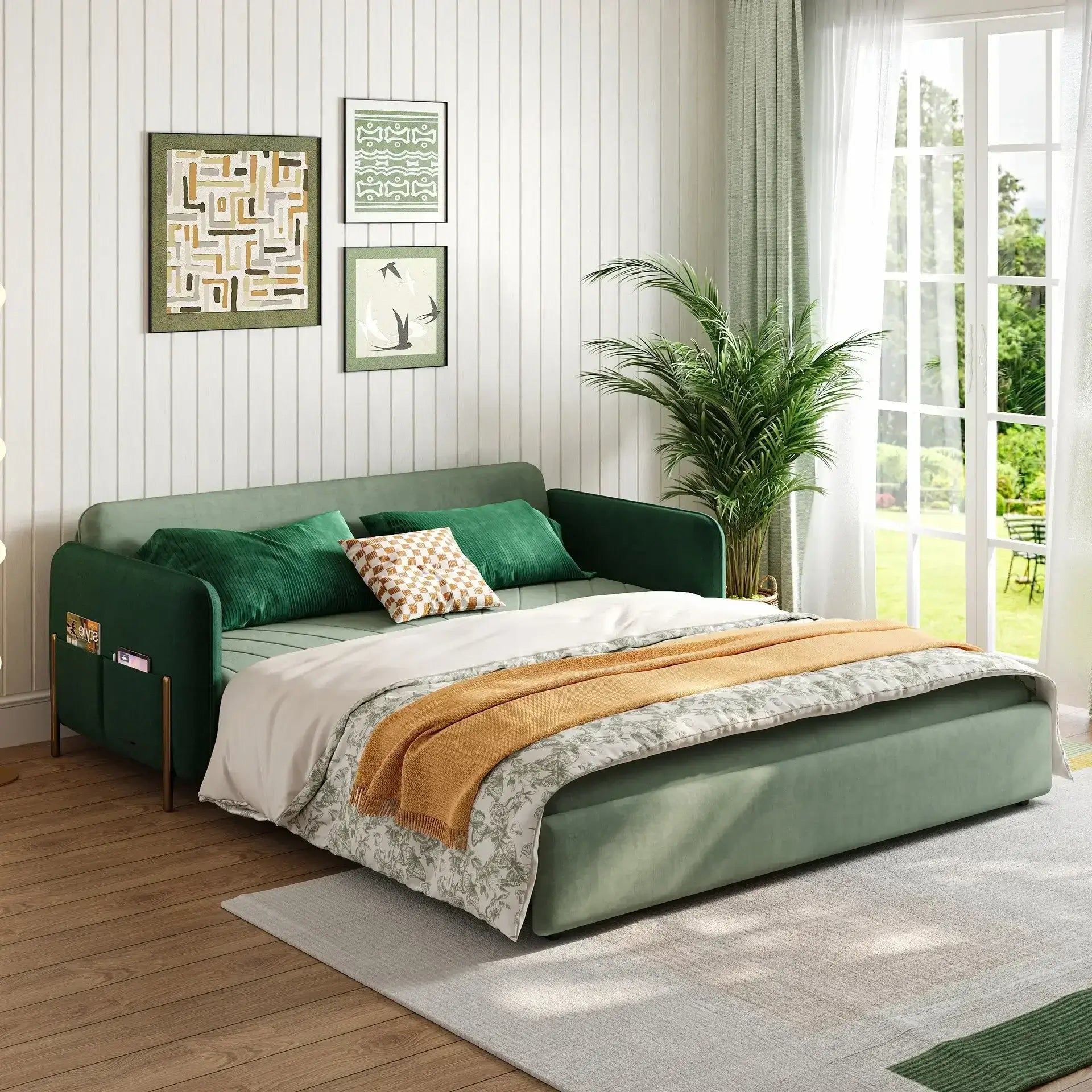 DYPODTEN sleep sofa with velvet surface and high-density foam for cozy and restful sleep in compact living spaces.