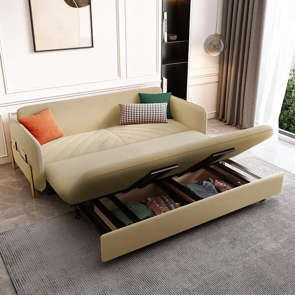 Gold Velvet Sleep Sofa Bed with Storage Drawers and Pillows, Convertible Sectional by DYPODTEN