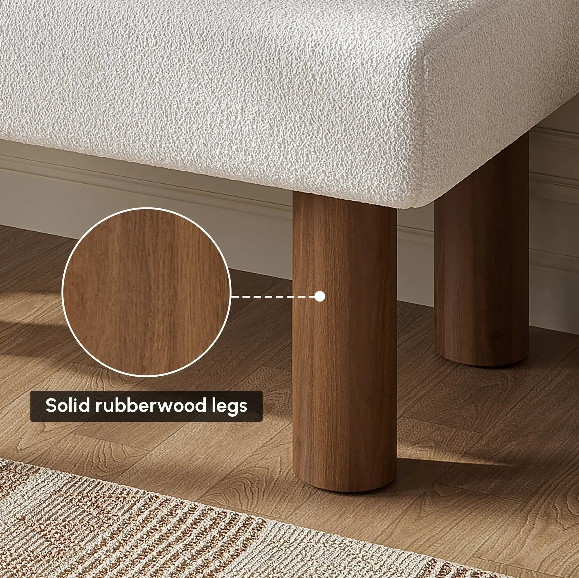 Solid rubberwood legs of DYPODTEN modern upholstered dining bench for sturdy support