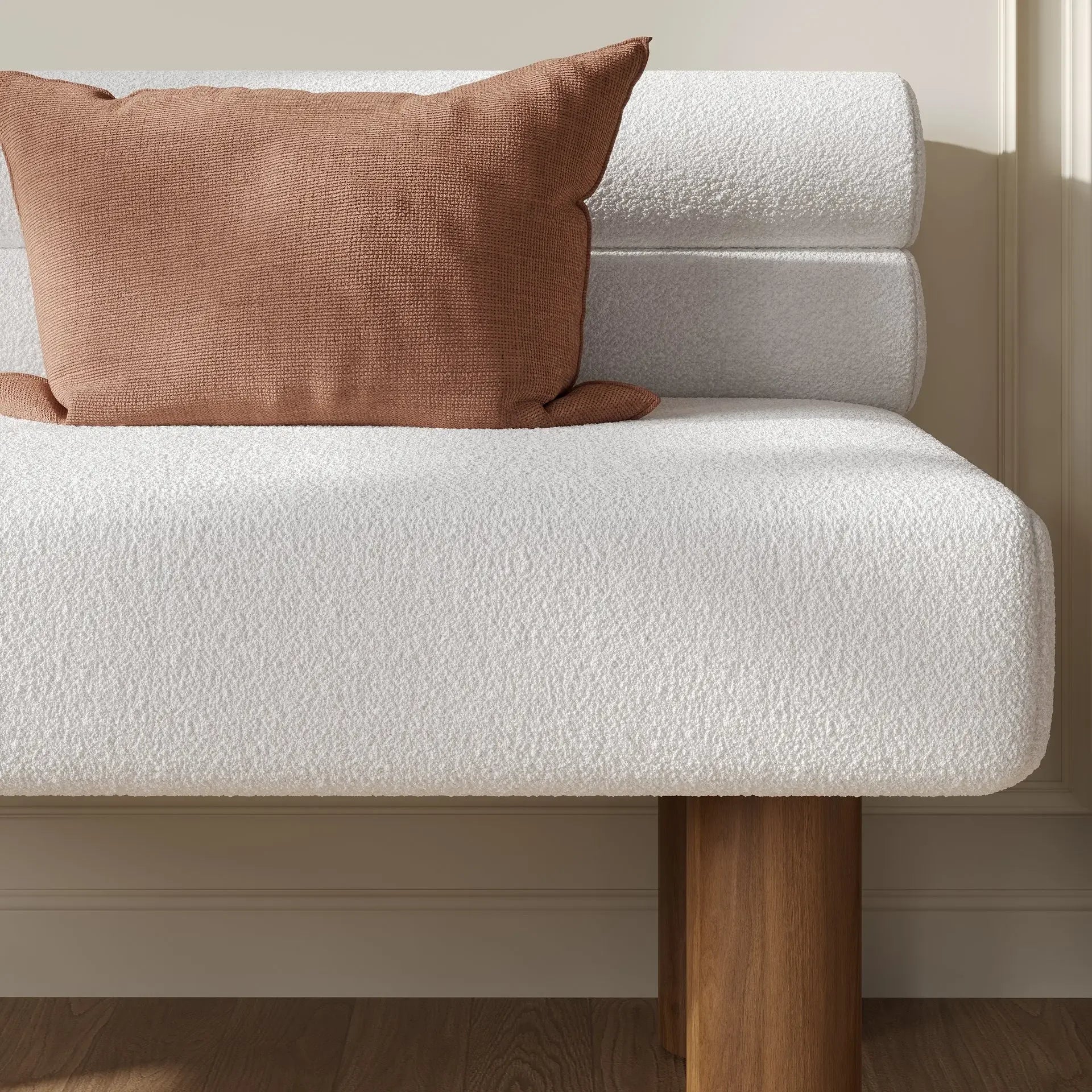 Close-up of boucle fabric texture on DYPODTEN modern dining bench, featuring plush lamb fleece feel