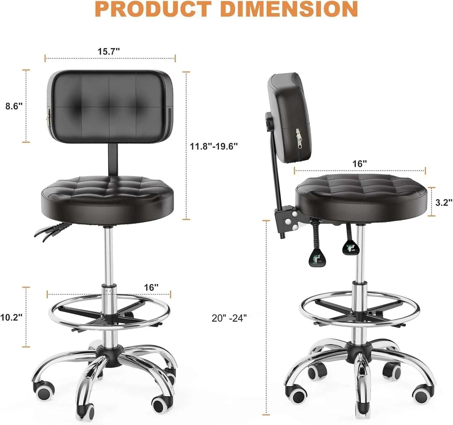 Rolling Stools with Wheels Foot Rest, Backrest Adjustable Height for Office | DYPODTEN