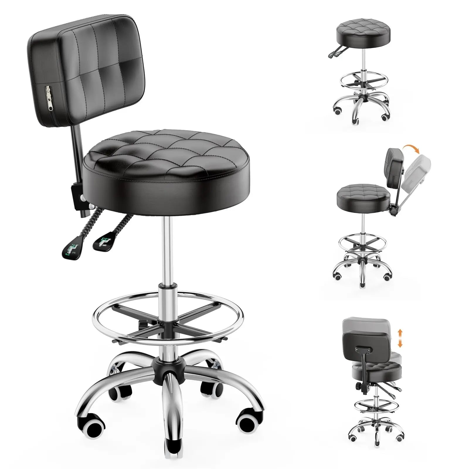 Rolling Stools with Wheels Foot Rest, Backrest Adjustable Height for Office | DYPODTEN