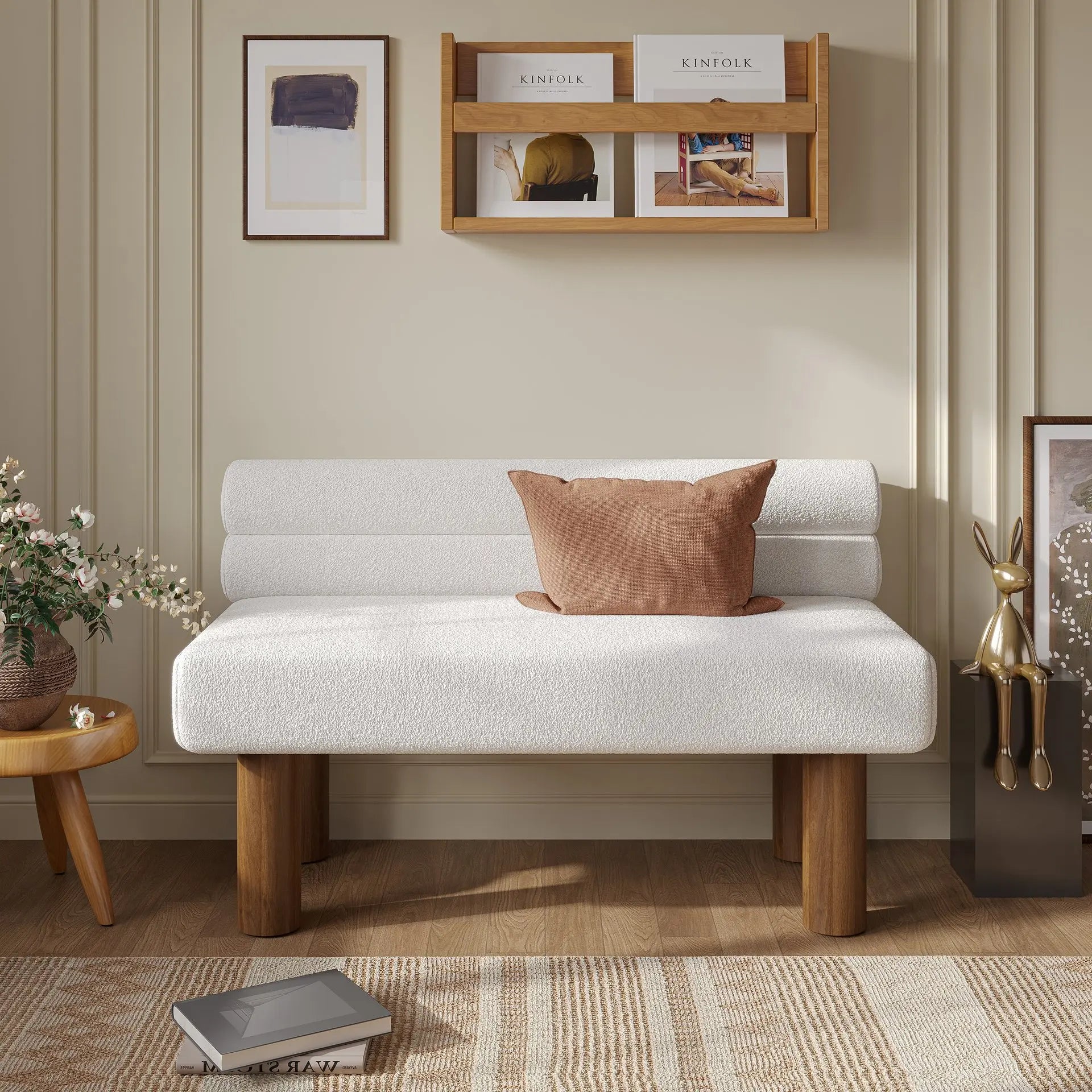 Modern Upholstered Dining Bench with Boucle Fabric and Rubberwood Legs by DYPODTEN